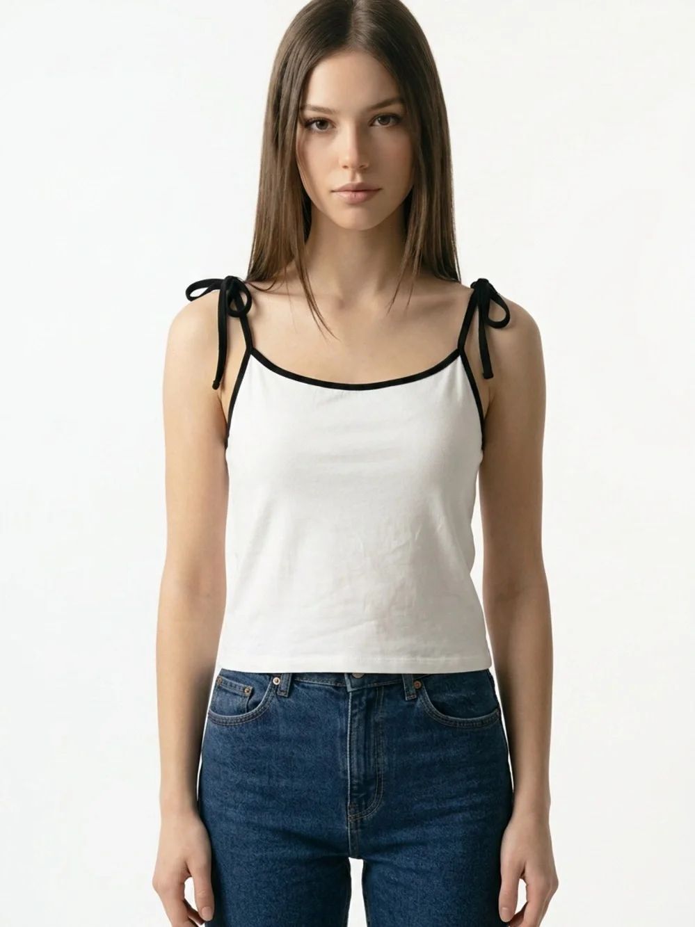 FOREVER 21 | NEW White Tie-Shoulder Tank Top with Black Trim Women’s Size Small